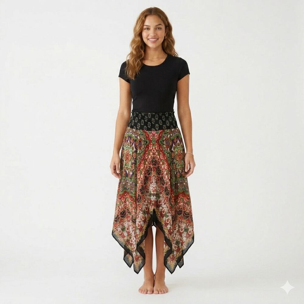 BILA Maxi Skirt Large Multicolor Handkerchief Hem Boho Paisley Prairie Festival